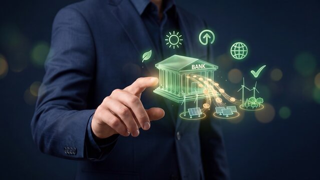 Green banking and sustainable finance concept, businessman pointing at bank building with coins flowing to wind turbines, solar panels and trees, leaf, sun, globe and checkmark icons, ESG investment