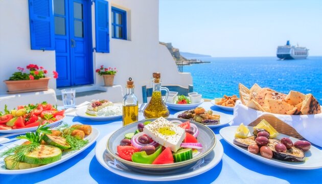 Traditional Greek mezze spread with feta salad, grilled vegetables, and pita sits before a whitewashed Santorini house facing the sea.
