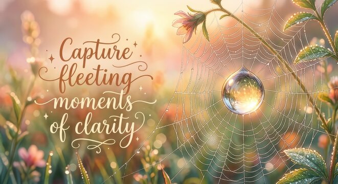 Macro shot of a dewdrop on a spiderweb, reflecting sunlight and surrounded by a soft focus meadow, with inspirational text "Capture fleeting moments o
