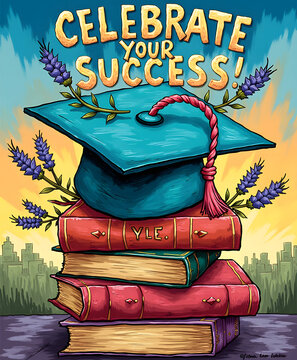 Graduation cap and books celebrating academic achievement and success
