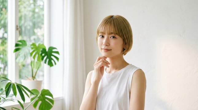 Portrait of a young japanese woman with short hair in a bright room