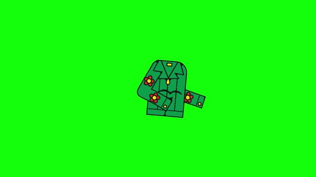 A cheerful green cartoon jacket with big sparkling eyes, smiling mouth and colorful flower patches on the sleeves dances energetically on a solid bright lime green background in vibrant vector style.