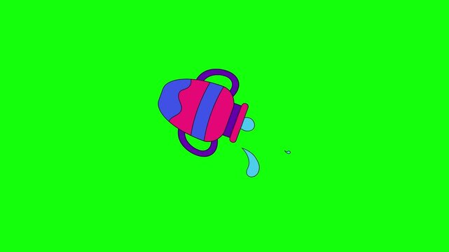 A colorful cartoon jar with pink, blue and purple stripes and purple handle is tilted on solid bright lime green background in vibrant vector style.