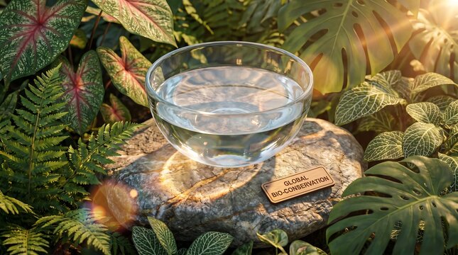 A glass bowl of clear water resting on a stone surrounded by lush tropical foliage.