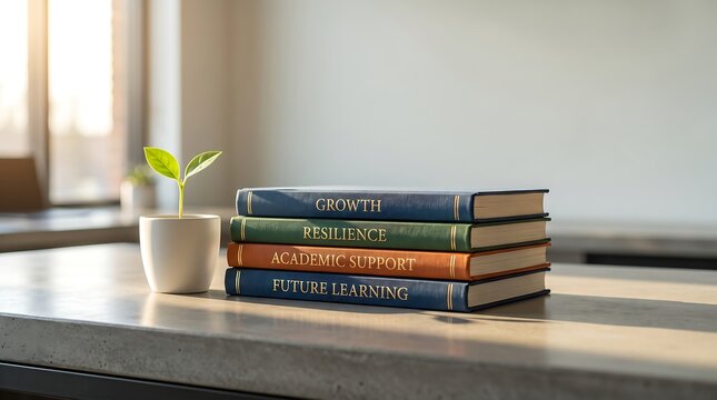 A stack of educational books with growth and resilience themes next to a small potted plant.