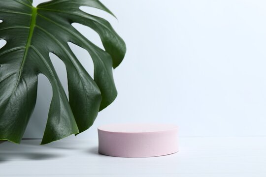 Pink podium with green monstera leaf on white table