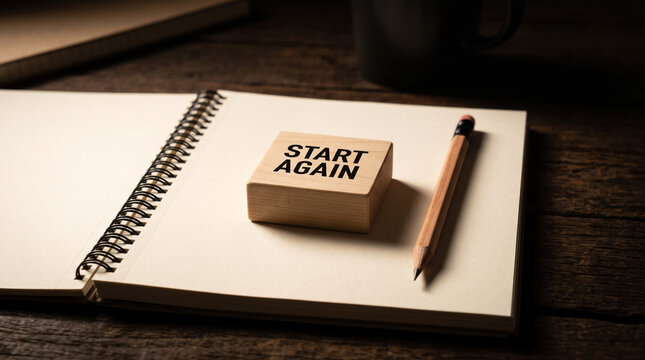 Start again message on a wooden block with pencil and open notebook, symbolizing new beginnings and motivation