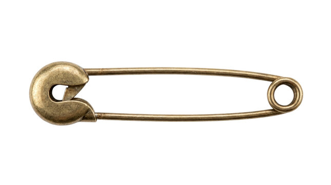 Antique brass safety pin with classic design on white background.