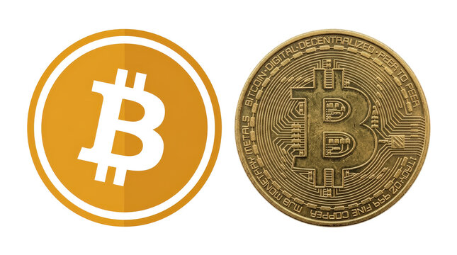 Bitcoin cryptocurrency logo and physical coin on white background.