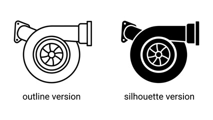 Turbocharger Outline and Silhouette: A graphic representation of a turbocharger, presented in both an outline and a silhouette version, showcasing its internal turbine wheel and housing. © Mdalamgir
