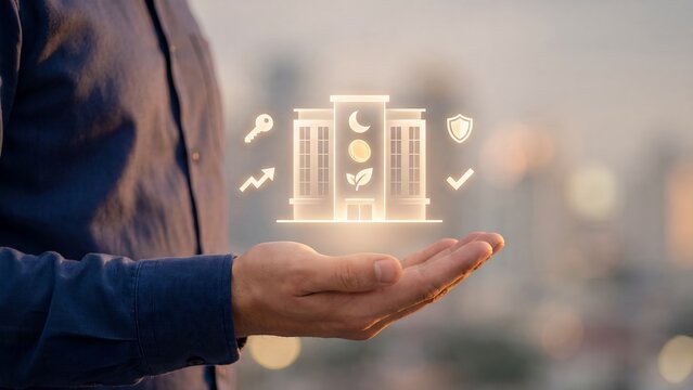 Islamic banking and sharia compliant finance concept, man holding bank building with crescent moon, gold coin and leaf, key, shield, growth arrow and checkmark icons, halal riba free investment