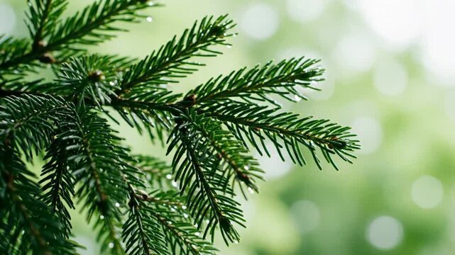 Close up view of evergreen fir tree branch with water droplets against blurred green background, nature