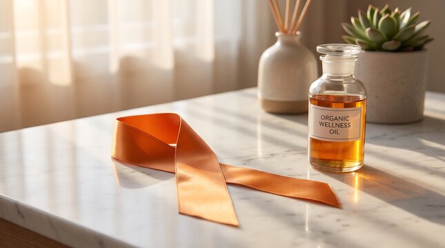 Orange awareness ribbon placed on a marble table with organic wellness oil and succulent plant.