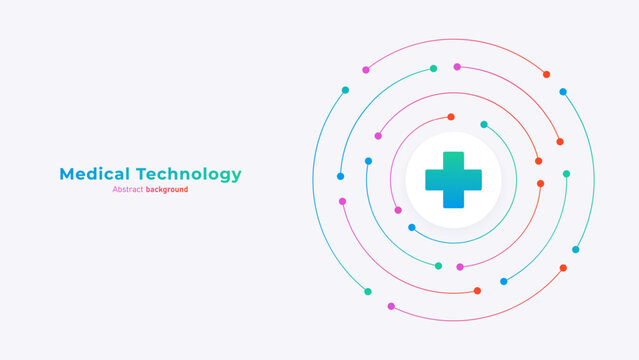 Modern abstract graphic design featuring medical technology concept with colorful circular network and cross symbol