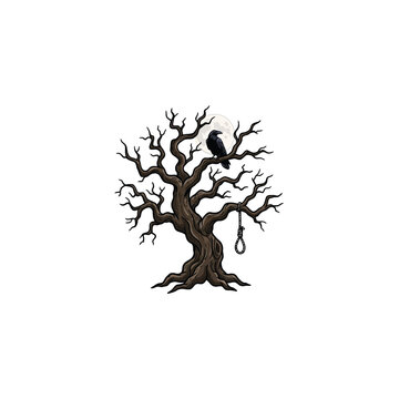 Dark And Eerie Dead Tree Featuring A Solitary Crow And A Hanging Noose Beneath Moonlight In Gothic Style Vector Illustration