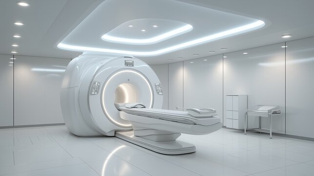 Modern MRI machine in bright white hospital room