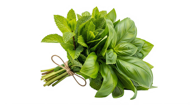 Fresh green basil and mint herb bunch, organic aromatic culinary herbs tied with twine, realistic botanical illustration on white background
