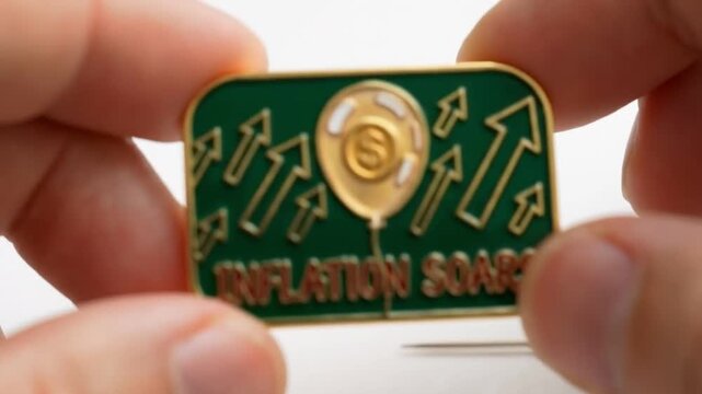 A person holding a metal pin badge depicting inflation soaring with rising arrows and a balloon.