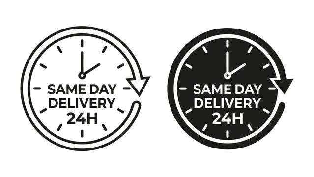 Clock Icons for Same Day Delivery: Two circular icons featuring a clock face with hands pointing to indicate time, accompanied by the text SAME DAY DELIVERY 24H and an arrow forming a complete circle.