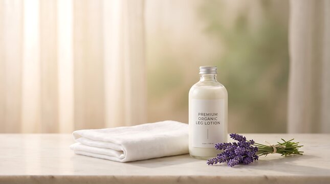 A bottle of natural body lotion with a white towel and lavender flowers on a marble table.