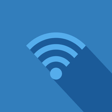 Blue Wi-Fi Symbol Icon with Long Shadow on Solid Background.