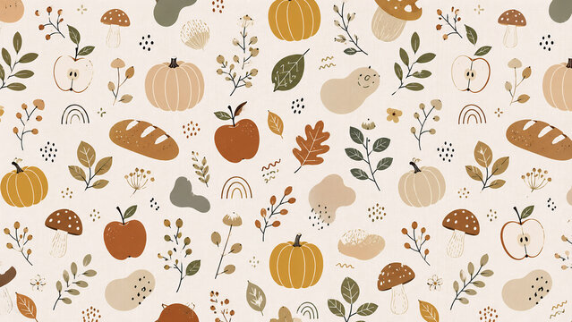 Scandinavian Autumn Harvest Pumpkin Apple and Bread Seamless Pattern