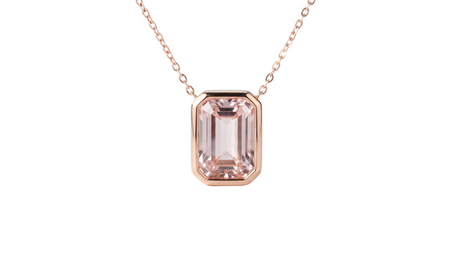 Elegant rose gold necklace with emerald cut morganite pendant, luxury gemstone jewelry on white background, minimalist pink crystal necklace