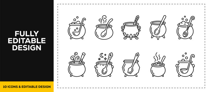 flat vector illustration line art icon bundle set design illustrating mystical magic cauldrons cooking pots witch brooms spooky halloween items and bubbling brews UI