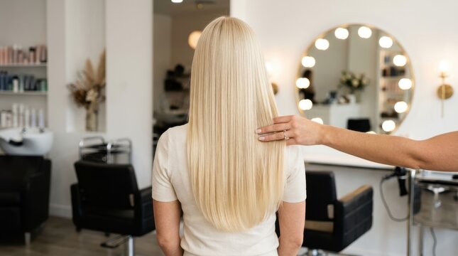 Back view of a woman with long straight blonde hair in a hair salon