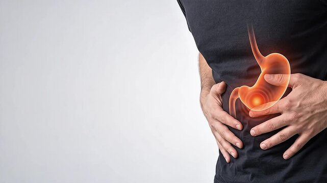 Realistic man slightly hunched with glowing 3D stomach graphic overlay on soft gray background off center, acid reflux medical concept with copy space