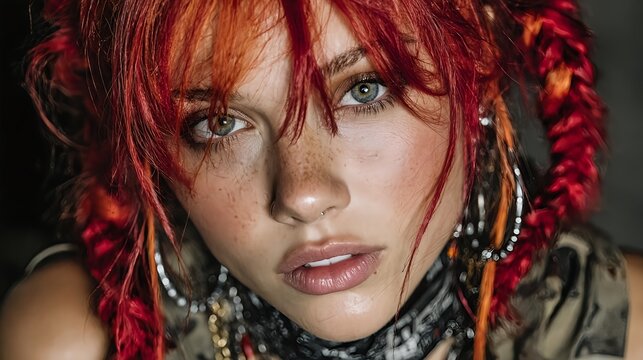 Freckled Redhead Woman with Bold Braided Bohemian Styling