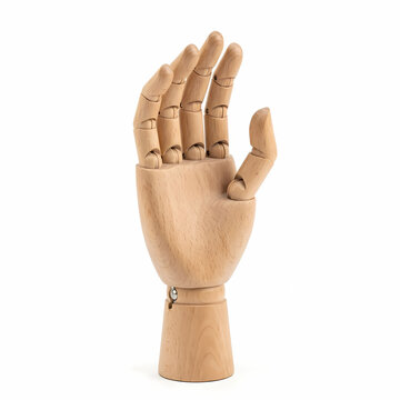 Adjustable wooden articulated hand model used for sketching human anatomy and practicing drawing gestures with fingers positioned in a natural pose to help artists improve their creative skills
