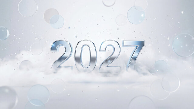 Shiny metallic three dimensional numbers representing the year twenty twenty seven floating above soft white clouds with floating bubbles and gentle falling snowflakes in a bright and clean winter sce