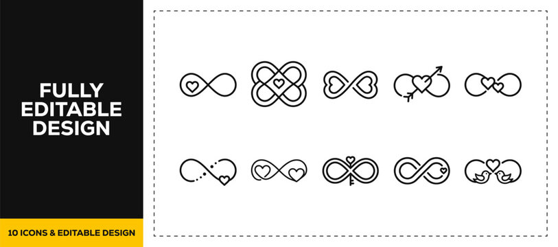 flat vector illustration line art icon bundle set design highlighting elegant infinity symbols endless loop shapes infinite romantic connections and mathematical elements