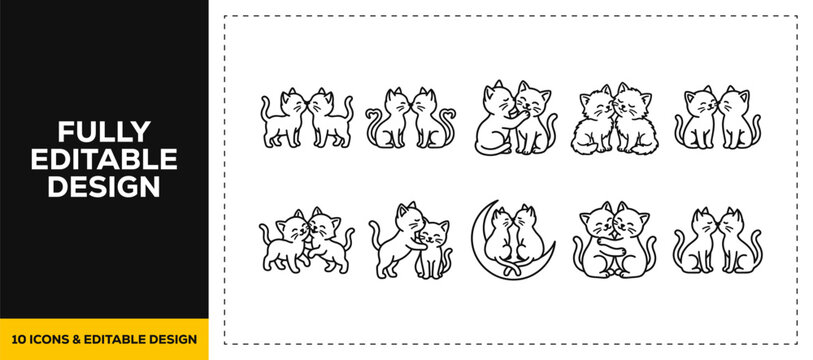 flat vector illustration line art icon bundle set design illustrating cute domestic cats sitting little kittens playing feline pets and playful friendly animal graphics