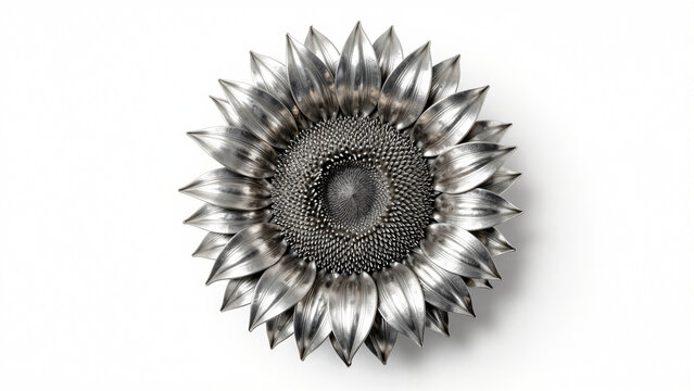Industrial sunflower made of forged silver-plated cast iron on a white background, concept of heavy industry and innovation,4K, Subject on the center, Copy space on the both side