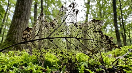 Fototapeta premium Close up of a decayed leaf skeleton showing intricate vein patterns resting on a bed of vibrant green moss in a sunny forest with blurred trees in the soft natural background