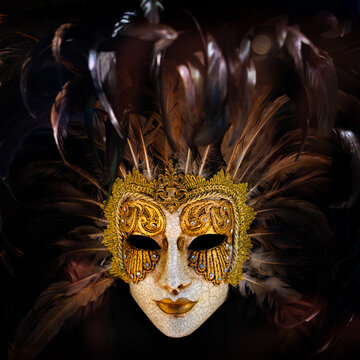 Carnival mask with feathers on dark background