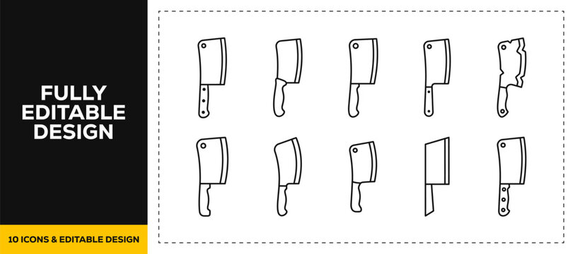 flat vector illustration line art icon bundle set design displaying professional butchery tools sharp meat cleavers culinary cutting knives and cooking chef equipments UI