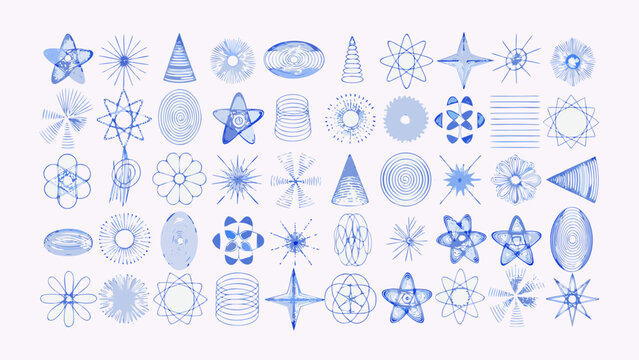 Collection Of Blue Atomic Age Symbols And Abstract Shapes A Hand Drawn Vector Illustration symbol structure nuclear physics