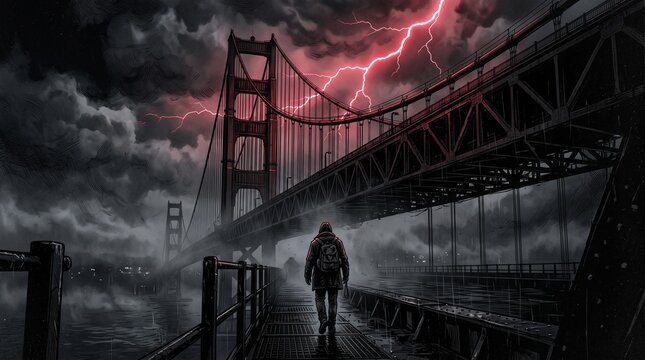 Lone traveler crossing giant suspension bridge symbolizing bravery trust and perseverance
