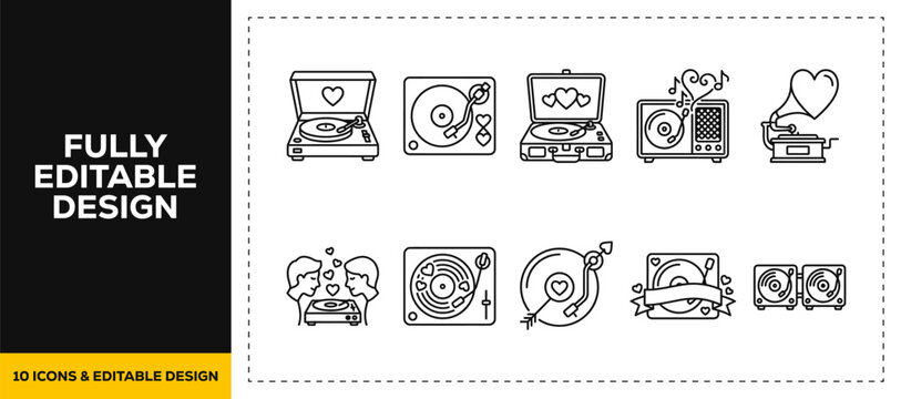 flat vector illustration line art icon bundle set design displaying classic record players vintage music turntables retro audio vinyl disks and antique musical equipments