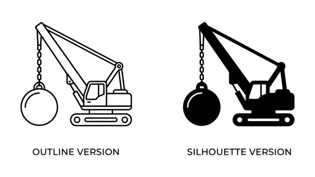 Wrecking Ball Machine Icon: A comparison of two icon styles, outline and silhouette, showcasing a wrecking ball crane.