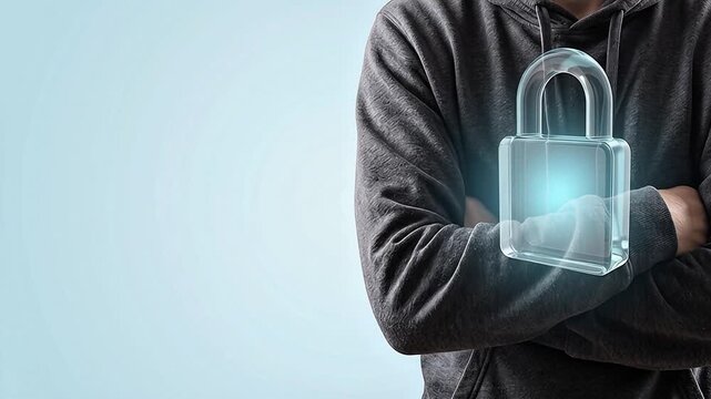 Realistic man torso with glowing 3D glass padlock graphic overlay on soft blue background off center, cybersecurity data privacy concept with copy space