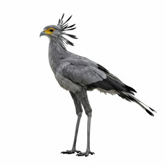 Fototapeta premium A majestic secretary bird stands tall showcasing its distinct crest and long legs characteristic of this predatory hunter roaming the savanna grasslands in search of small prey during the hot