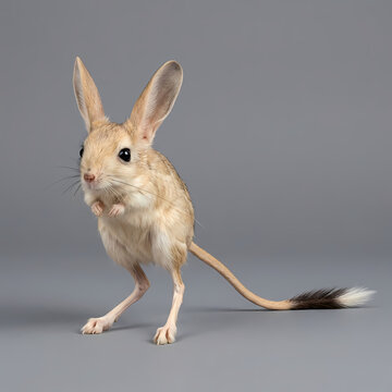 A small desert jerboa stands upright while displaying its oversized ears and long tail in a natural stance capturing the unique anatomy of this wild rodent which represents diverse arid