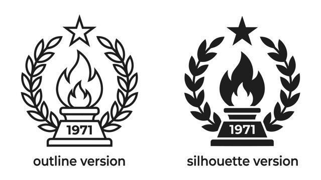 Award Emblem Icon Set: Two distinct versions, outline and silhouette, of a classic emblem featuring a torch of flame rising from a pedestal marked '1971'.