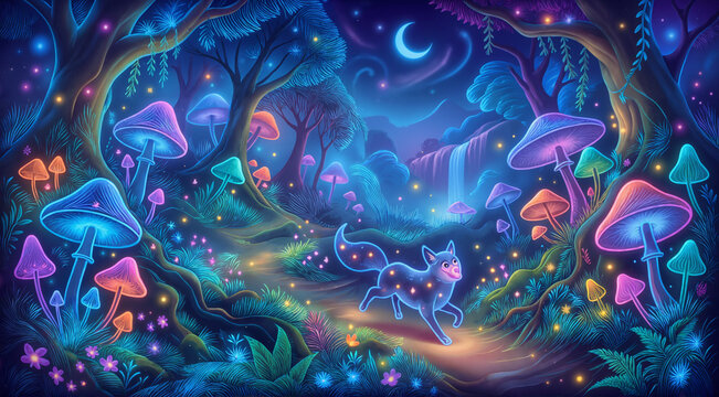 Magical fox in a glowing forest. Enchanted woodland scene with neon mushrooms and fireflies.