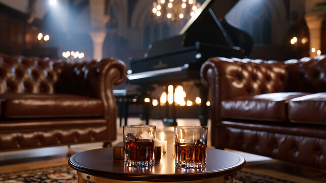 Luxury lounge leather sofa crystal glass whiskey drink grand piano firelight elegant bar warm lighting classic interior night mood Luxurious lounge with leather sofa and crystal glass whiskey