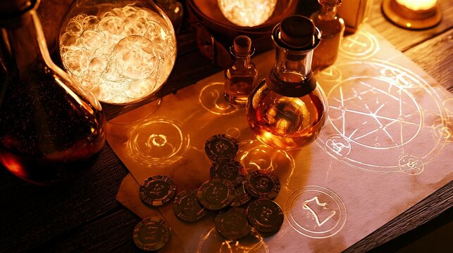 Alchemist Table with Glowing Magic Potions, Alchemy Ritual Parchment, and Transmuted Gold Coins